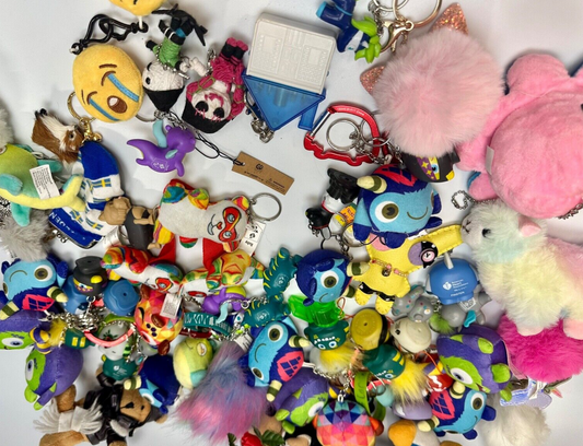 Around 75 plush doll Keychains Resale Bulk Lot, Junk Drawer Grab Bag