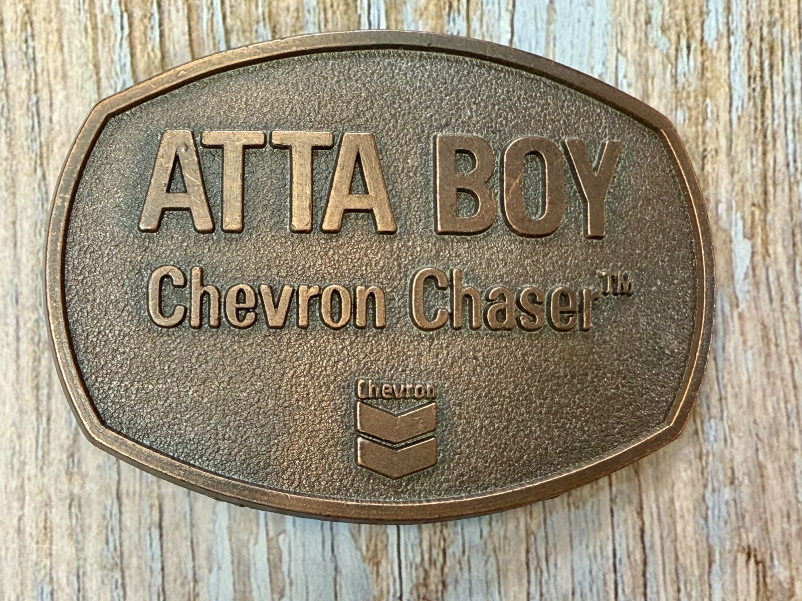 ATTA BOY Chevron Chaser Fuel Oil Mine Industry Rough Neck NOS Vtg. Belt Buckle