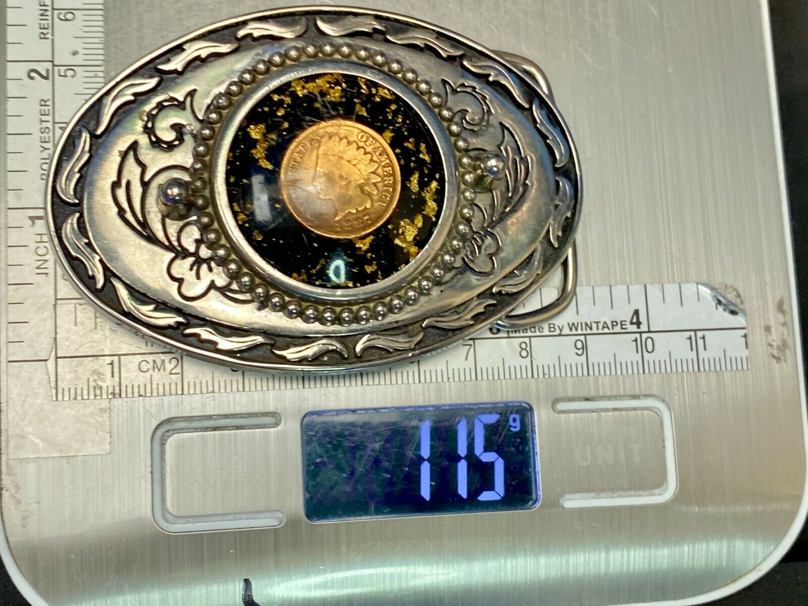 1887 Indian Head Penny Enclosed In Ornate Western Oval Belt Buckle