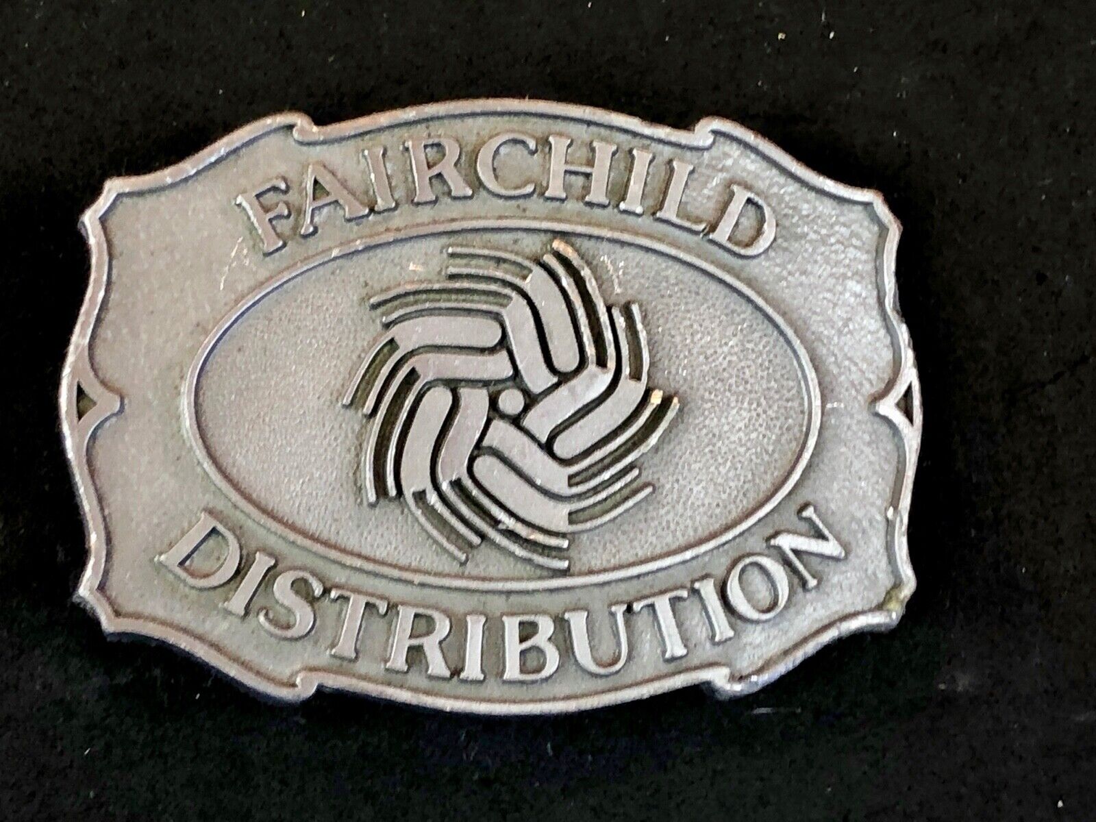 Vintage Fairchild Distribution company logo promotional belt buckle 