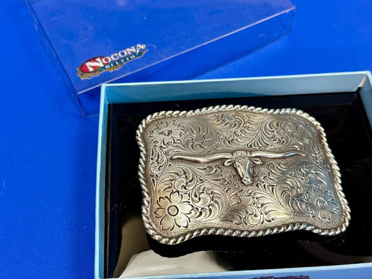 Texas Longhorn Steer Cowboy ornate flower swirl Nocona belt buckle in box