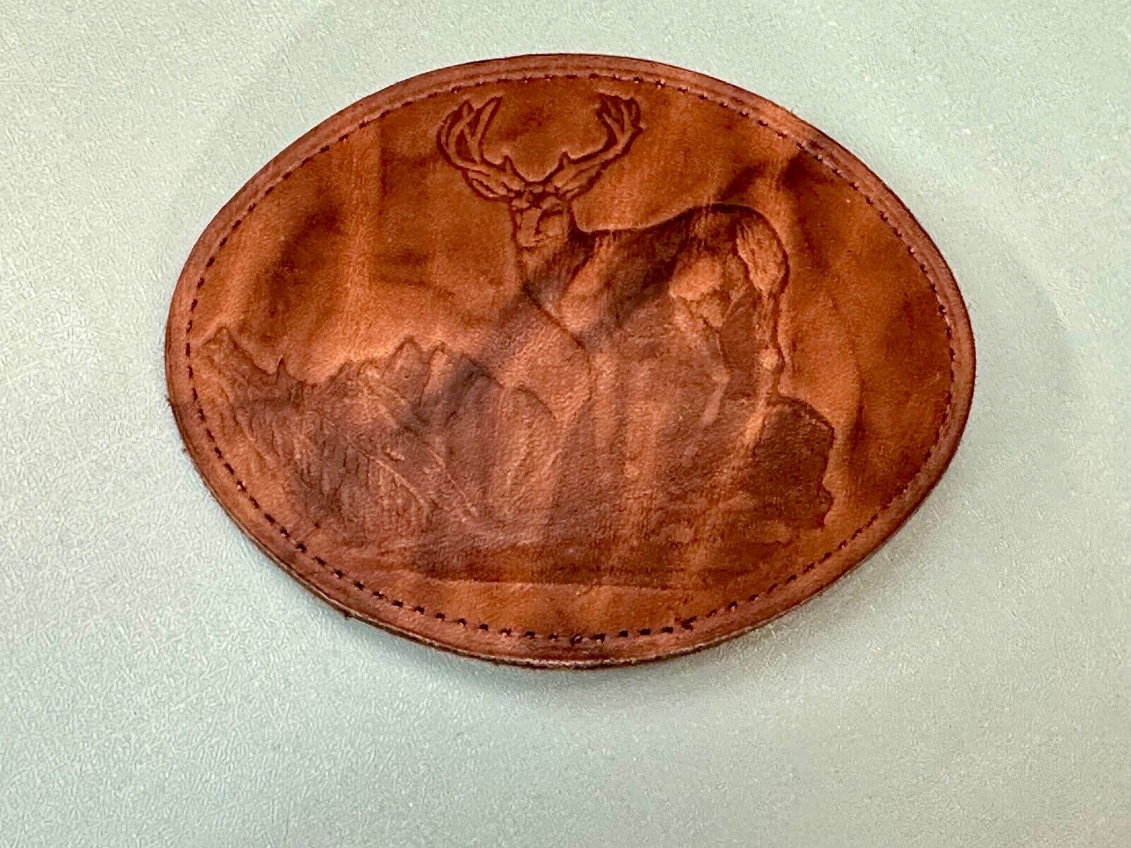 Vintage DEER in Nature, Hunters Leather oval LARGE belt buckle