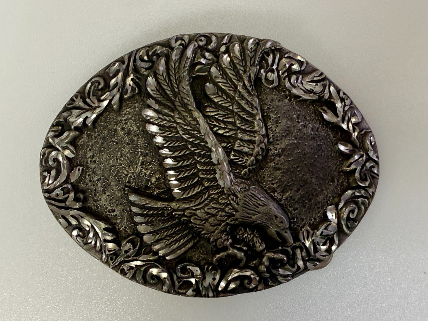 3D Flying American Bald Eagle Swirl Ornate Border Carved 1993 EGE Belt Buckle