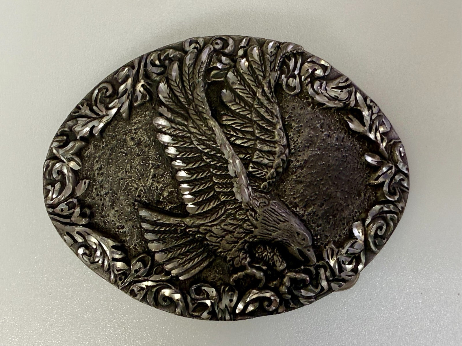 3D Flying American Bald Eagle Swirl Ornate Border Carved 1993 EGE Belt Buckle