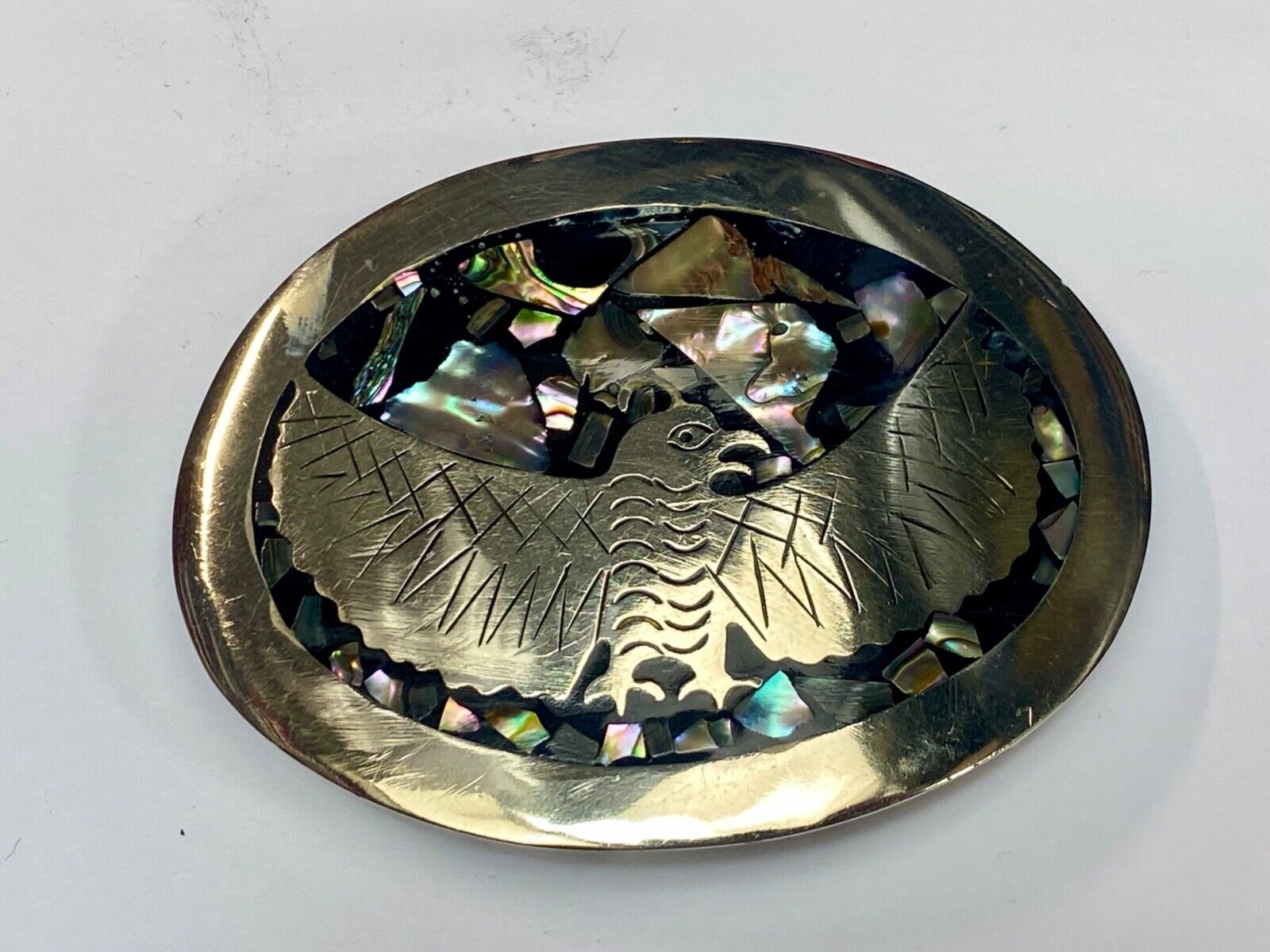 Abalone Shell Native BIRD - wings wide Alpaca Mexico stamped belt buckle