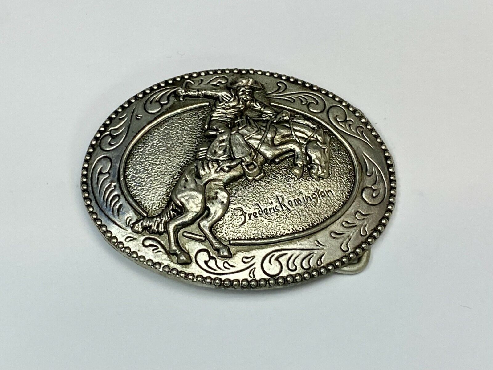 An Indian Trapper Frederick Remington Cowboy Horse Vintage Belt Buckle