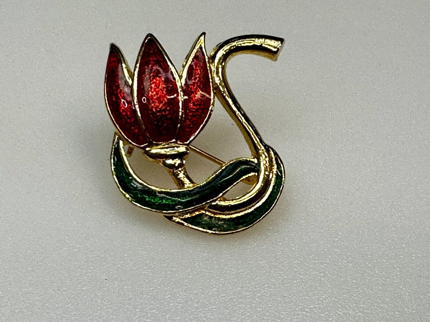 Tulip Lotus Flower Red Green Enamel Gold Tone Brooch Pin Signed by SFJ