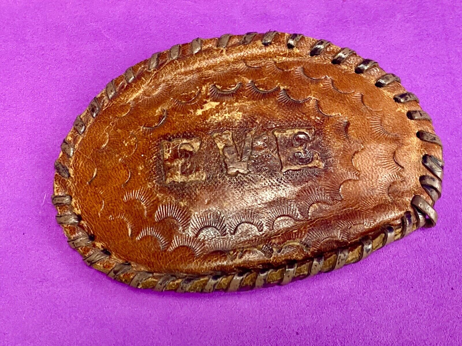 Vintage Leather stitched artisan? Name EVE personalized western belt buckle 