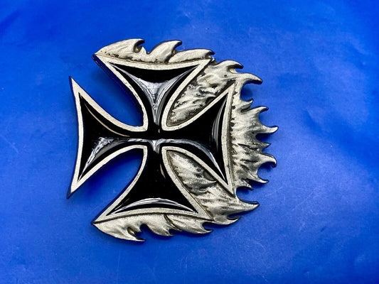 Black Enamel Maltese Cross w/ flames - NOS Monster belt buckle 2000 Mobtown USA 