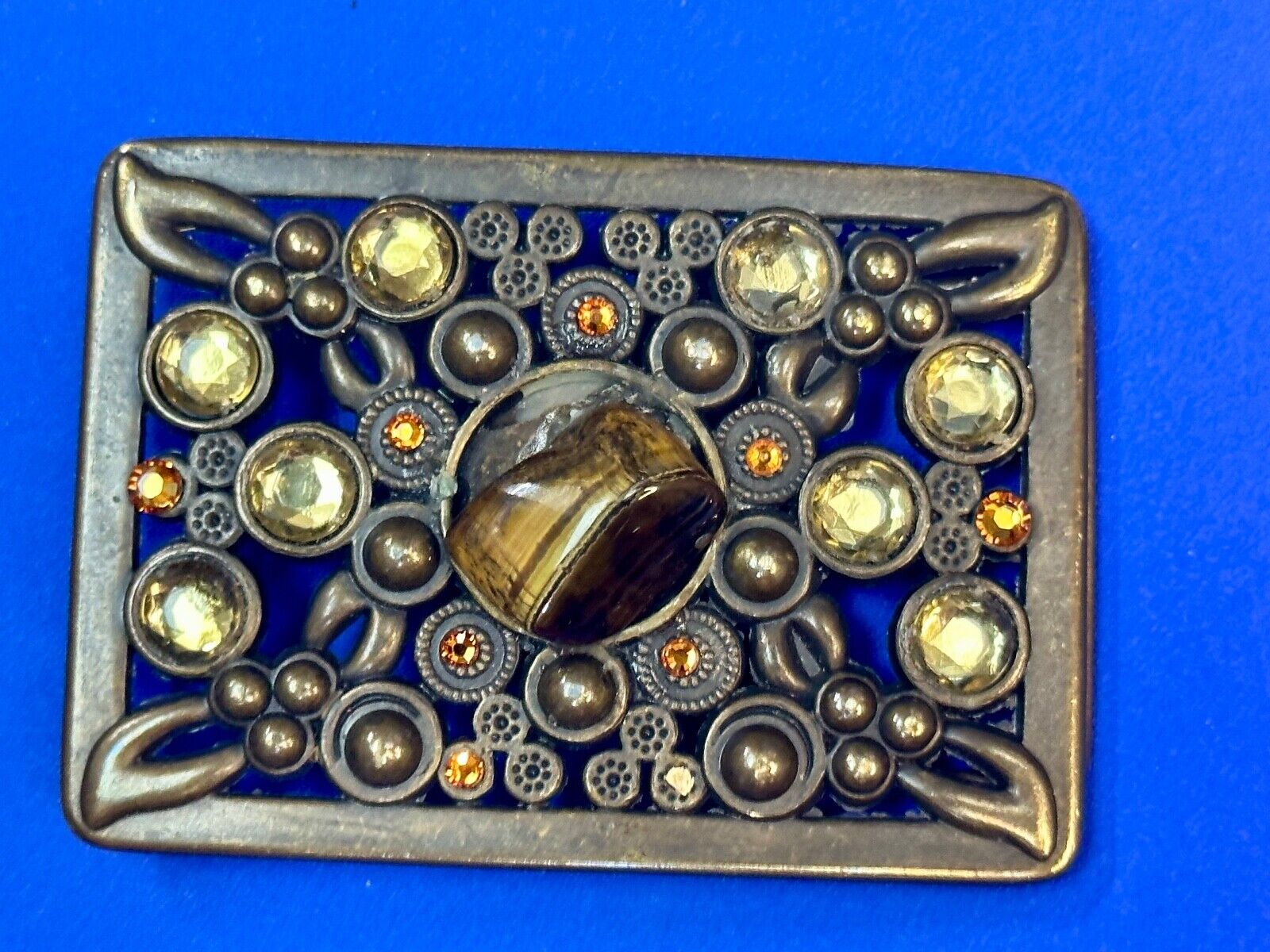 Antique Brass Style Hippie Vintage Belt Buckle With Tigers Eye In Center