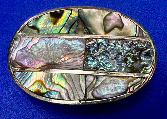 Artisan Natural Abalone Shell Vintage Oval Belt Buckle Marked Mexico