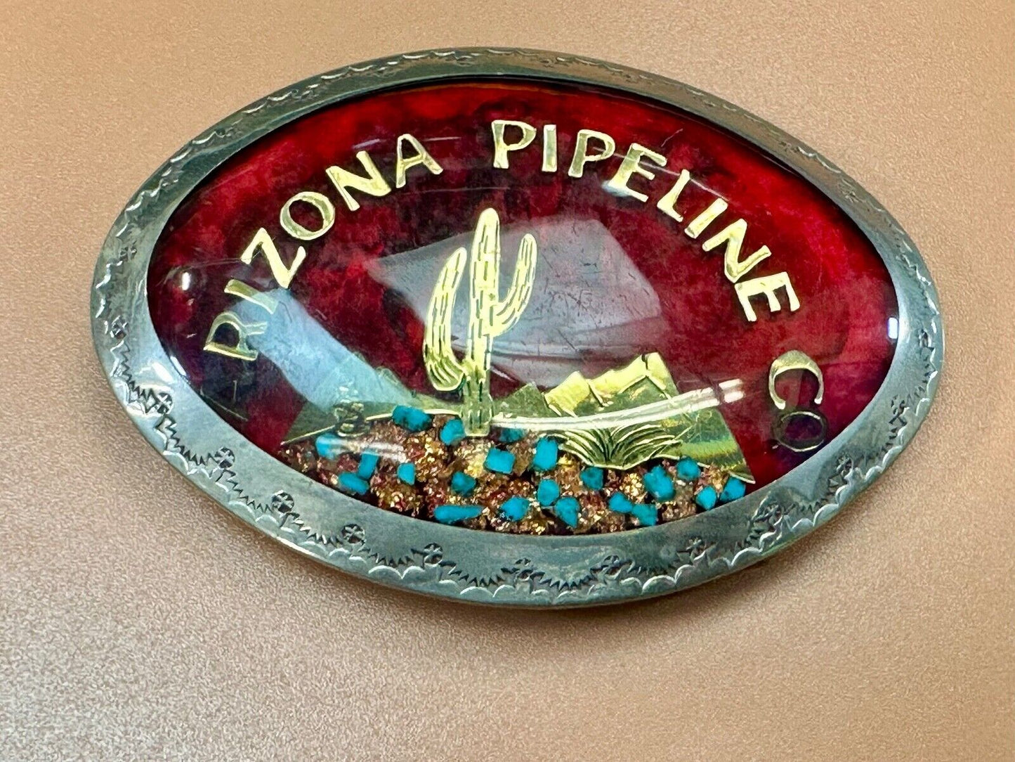 Arizona Pipeline Oil Mine inlaid turquoise Native American hallmark belt buckle