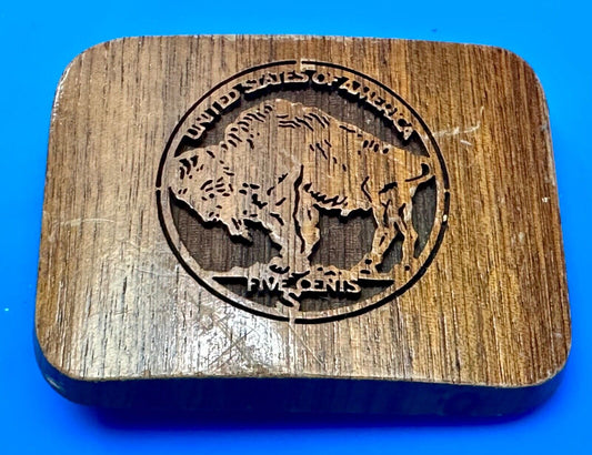 Vintage Buffalo Nickel Five Cents Wood Laser Engraved Lazercraft Belt Buckle USA