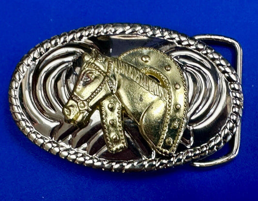 Beautiful NOS Horse head / lucky horseshoe - small two tone oval belt buckle