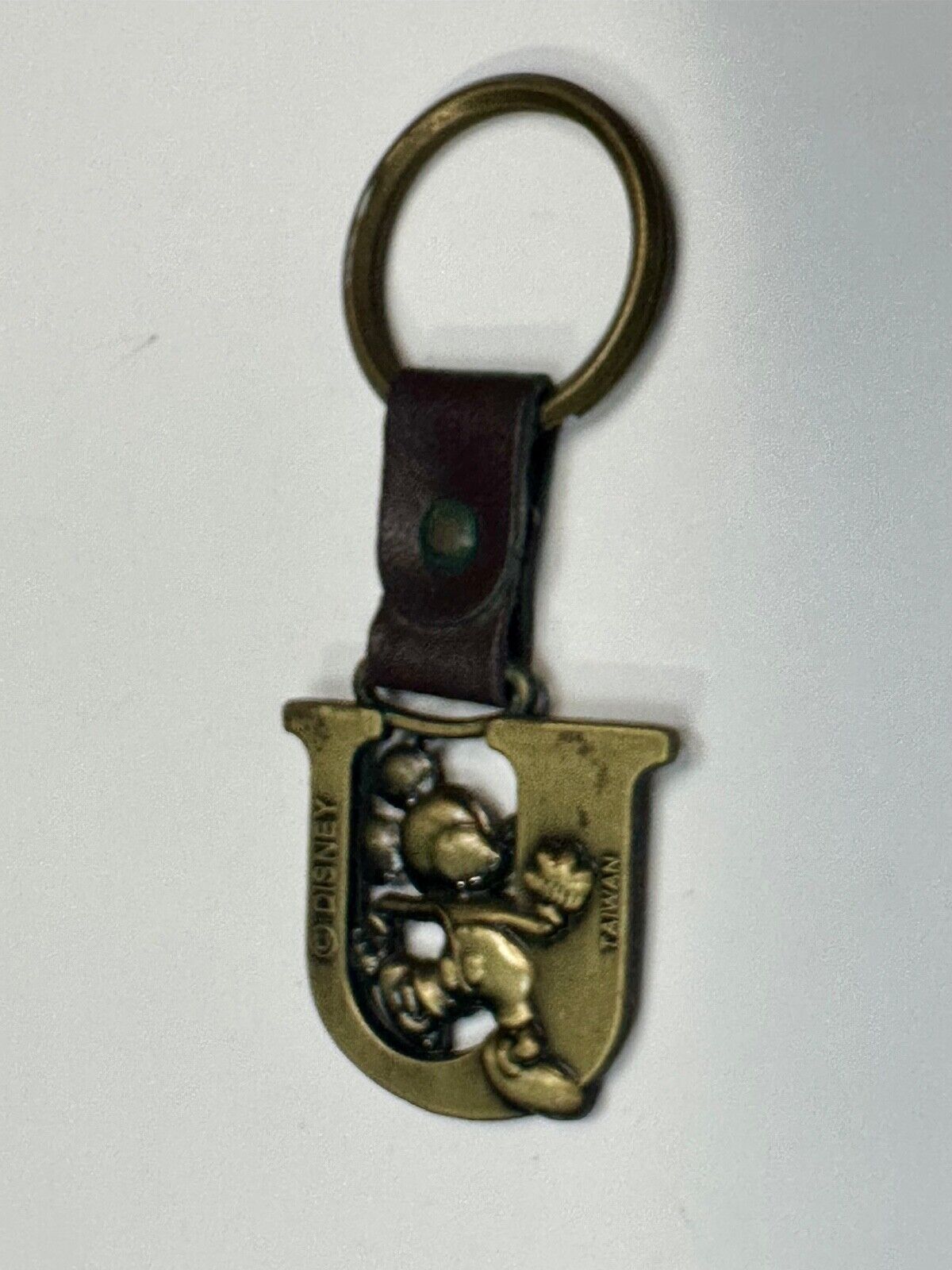 VINTAGE LETTER INITIAL U MICKEY MOUSE DISNEY KEYCHAIN BRASS and LEATHER FOB