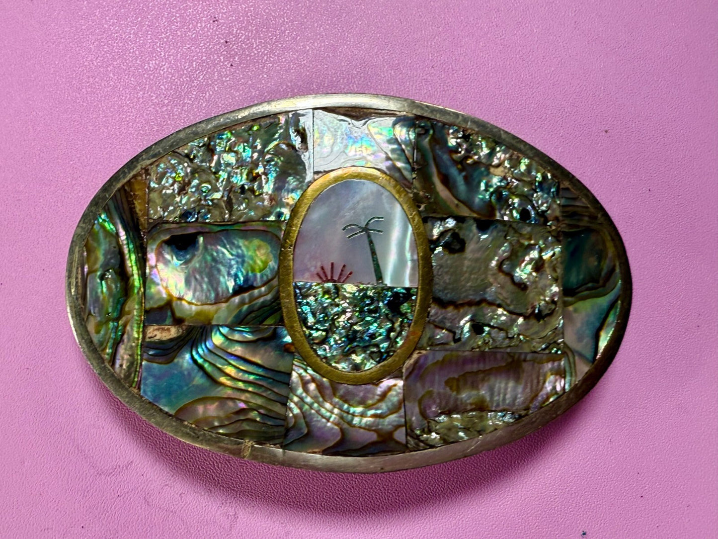 Abalone Shell Mother of Pearl Inlay Beach Scene Belt Buckle Hencho en Mexico