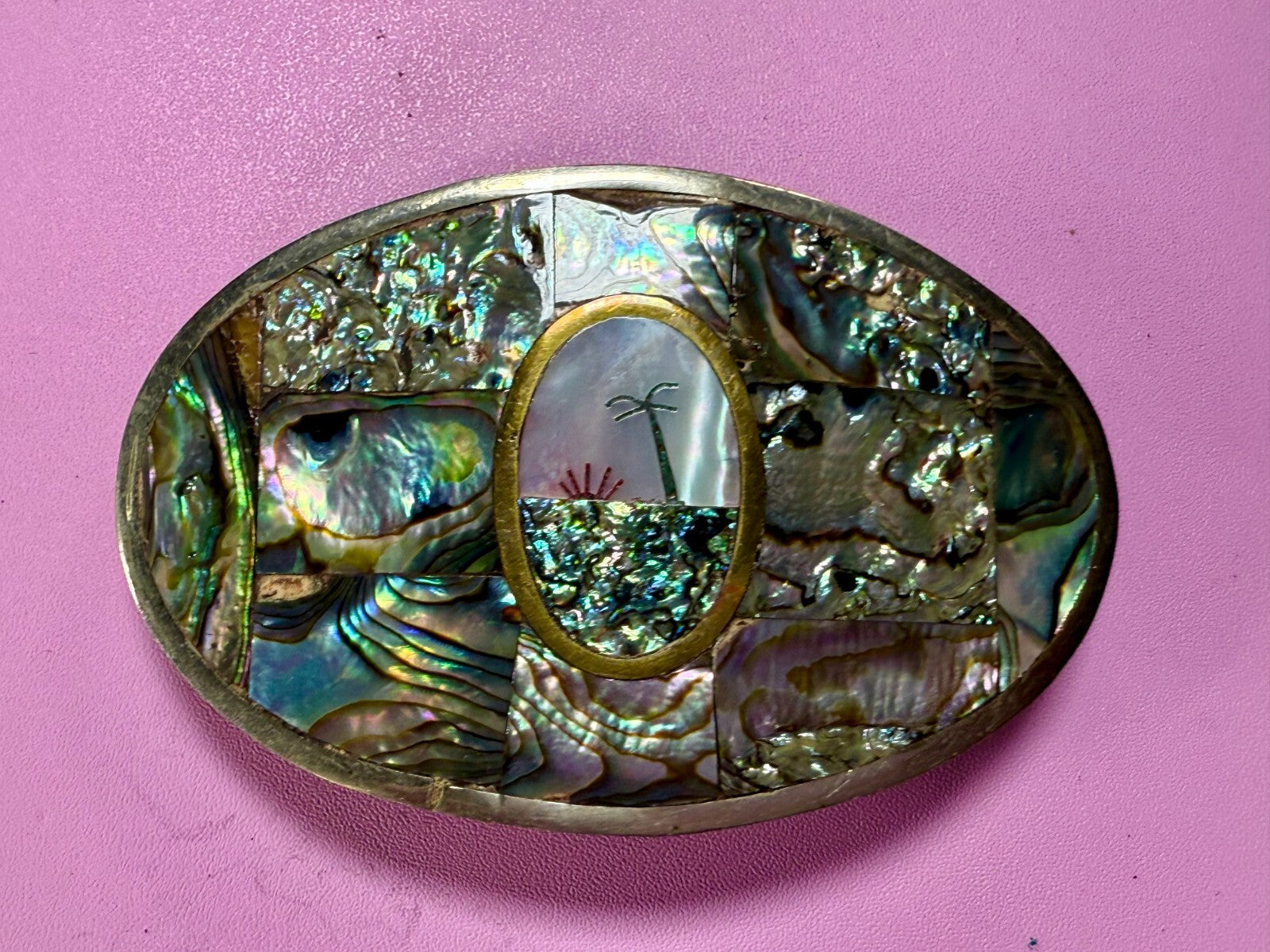 Abalone Shell Mother of Pearl Inlay Beach Scene Belt Buckle Hencho en Mexico