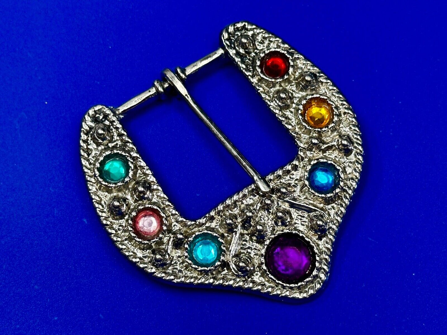 Unique Silver tone Replacement Belt Buckle w/ multi colored Rhinestone accents