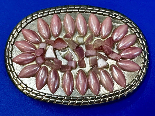 Artisan Made Pink Stones? on silver tone oval western Belt Buckle