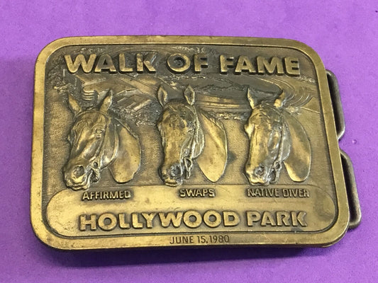 VINTAGE JUNE 15TH 1980 WALK OF FAME HOLLYWOOD PARK HORSE GOLD TONE BELT BUCKLE