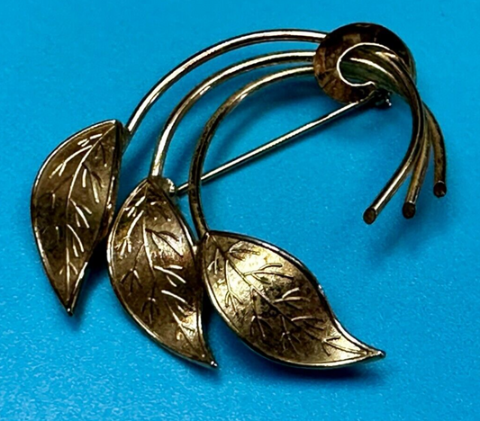 Three Curved Leaf with Tied Stem 2" Gold Tone Brooch Pin Signed by Coro