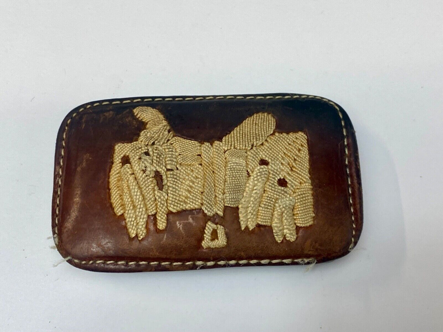 Vintage leather stitched horse saddler belt buckle signed Tres Ranchitas