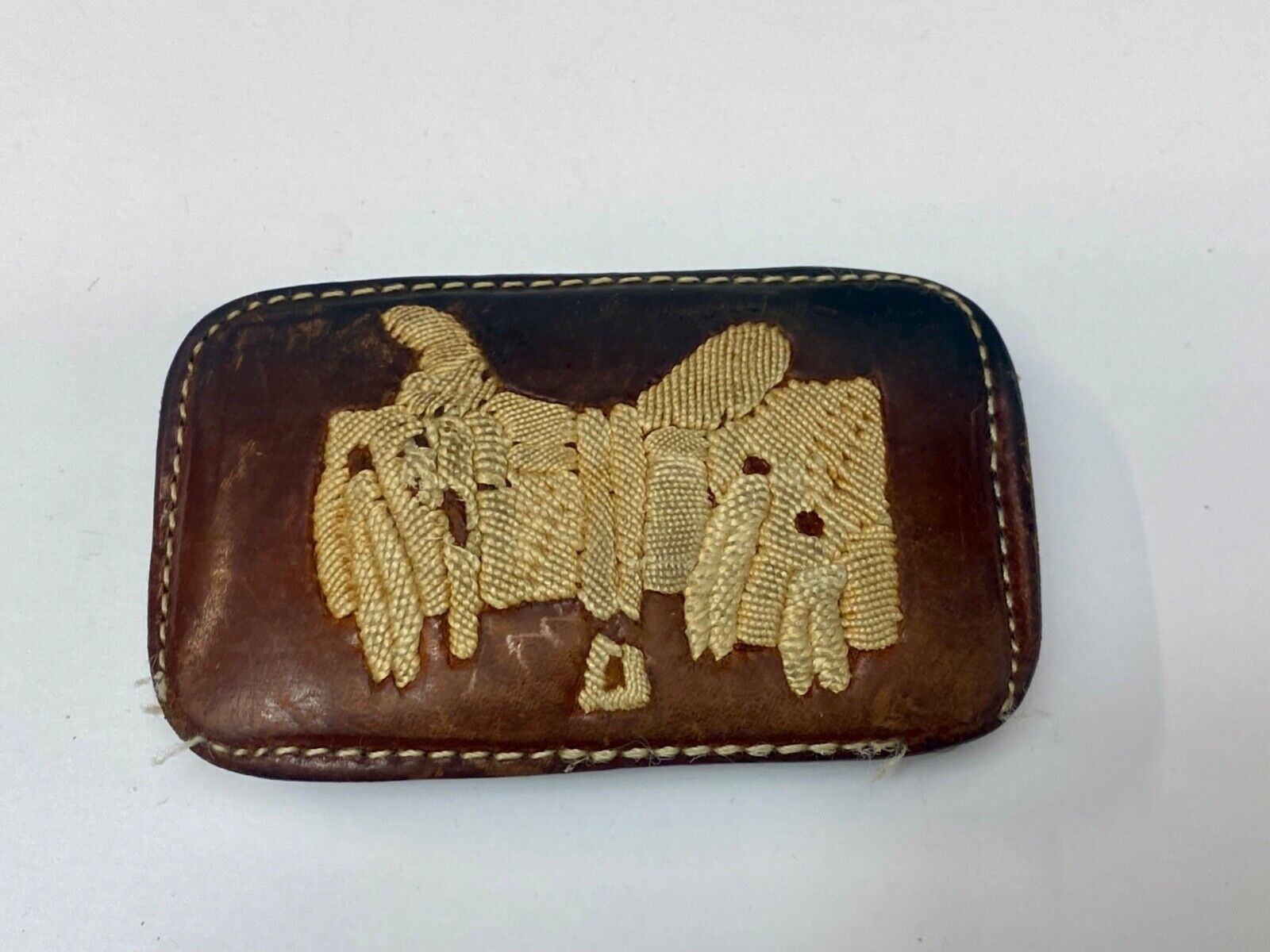 Vintage leather stitched horse saddler belt buckle signed Tres Ranchitas