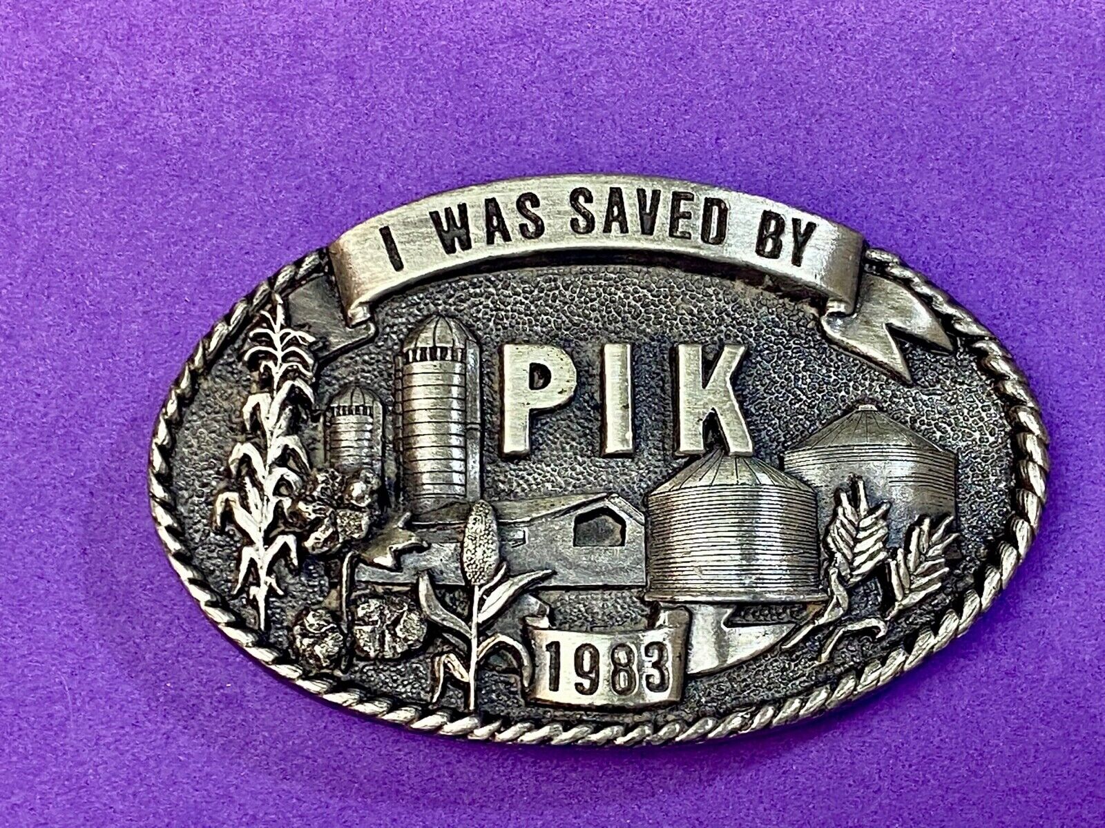 1983 "I Was Saved By PIK" Farm Agriculture Belt Buckle Iowa Premium & Supply Co 