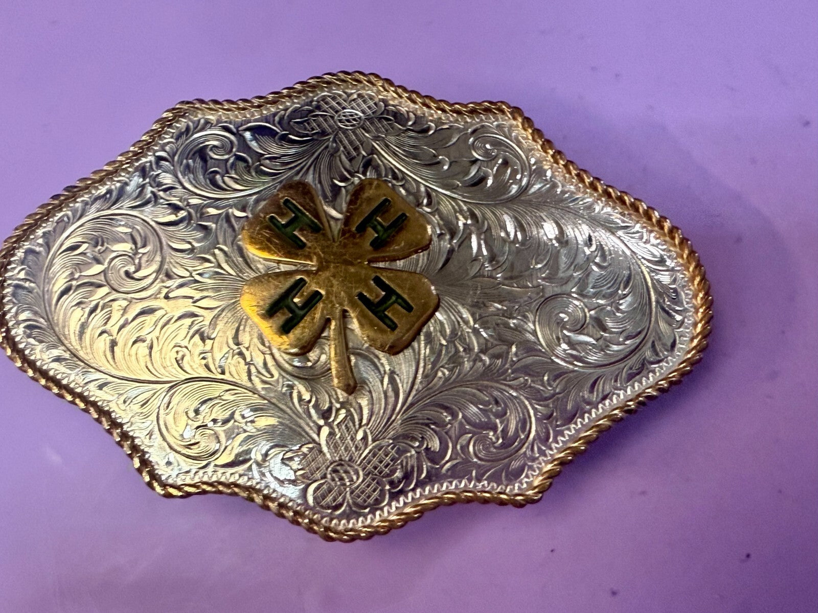 4H Leaf Swirl Ornate German Silver Montana Silversmiths Belt Buckle