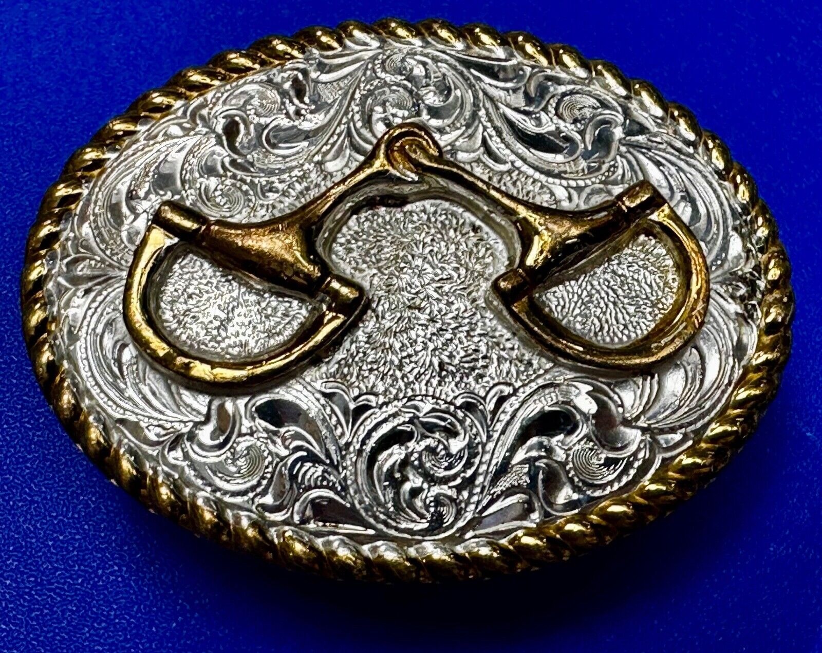 Vintage Crumrine 2" Wide Small Two tone Belt Buckle Engraved Swirl Design