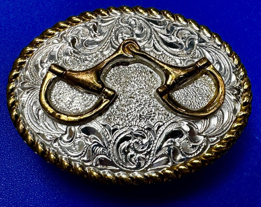 Vintage Crumrine 2" Wide Small Two tone Belt Buckle Engraved Swirl Design