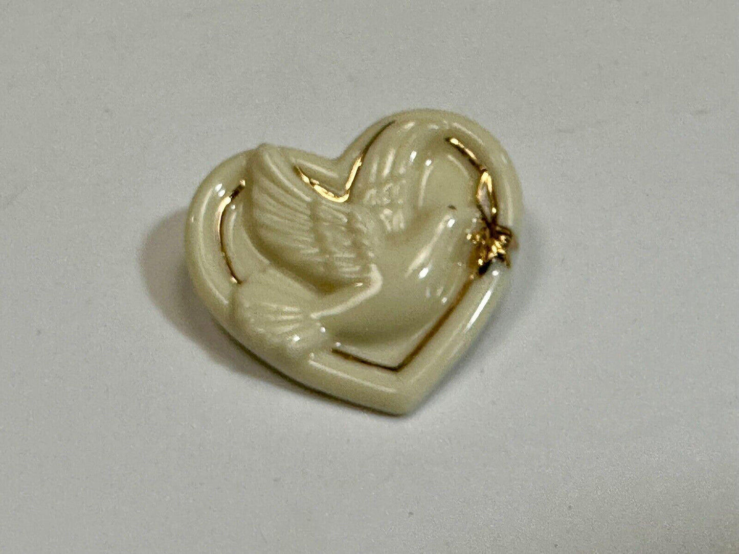 Vintage Lenox Heart Shaped Brooch with Peace Dove & Olive Branch, Gold Trim