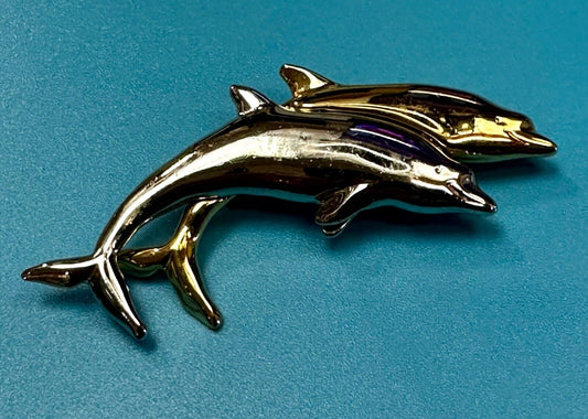 Two Dolphin's Figural Silver & Gold Tone Vintage Brooch Pin by Liz Claiborne