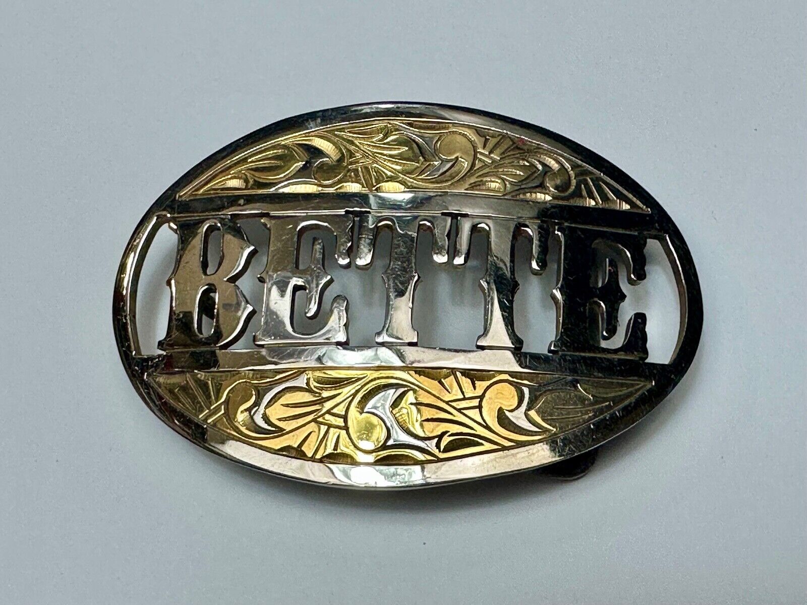 BETTE - custom name on western two tone cutout see through vintage belt buckle