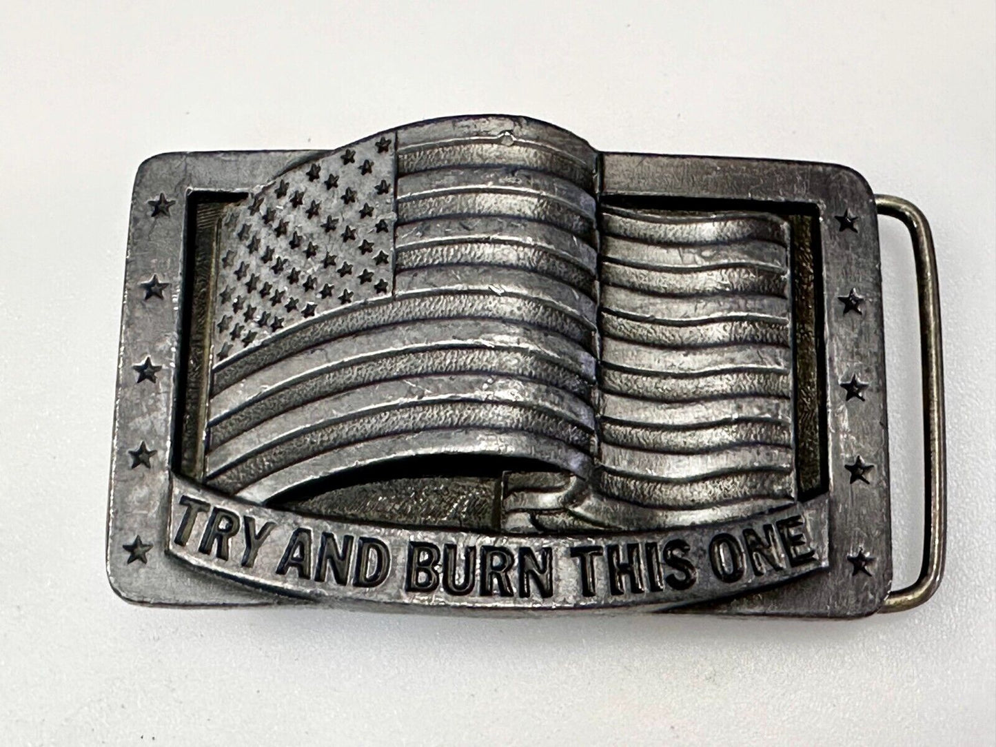 Try And Burn This One Patriotic American Flag USA Vintage 1990 Belt Buckle by CJ