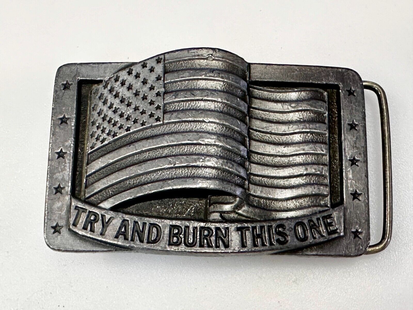 Try And Burn This One Patriotic American Flag USA Vintage 1990 Belt Buckle by CJ