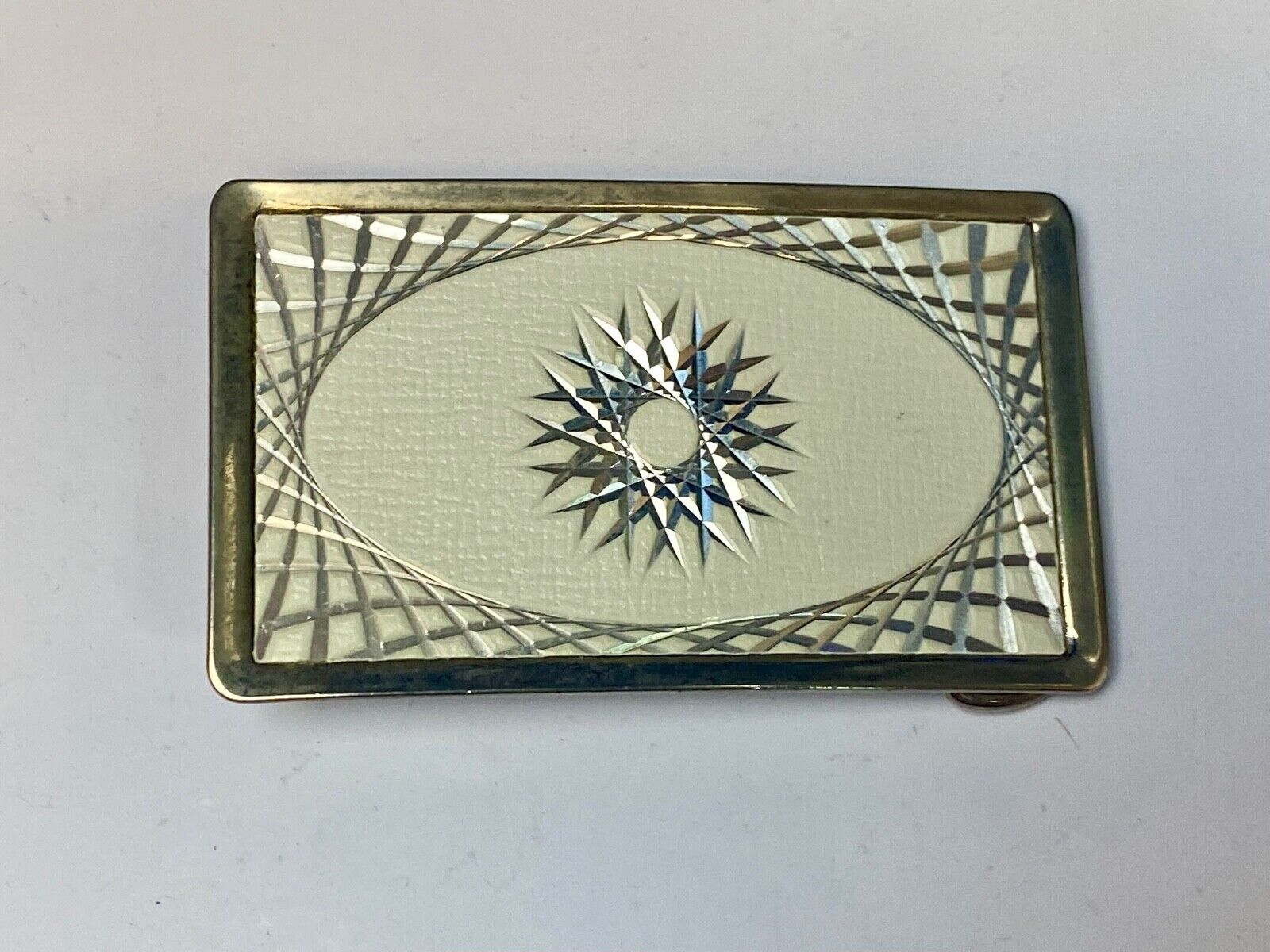Vintage Etched Star Swirl Burst Pattern Western White & Silver Belt Buckle 