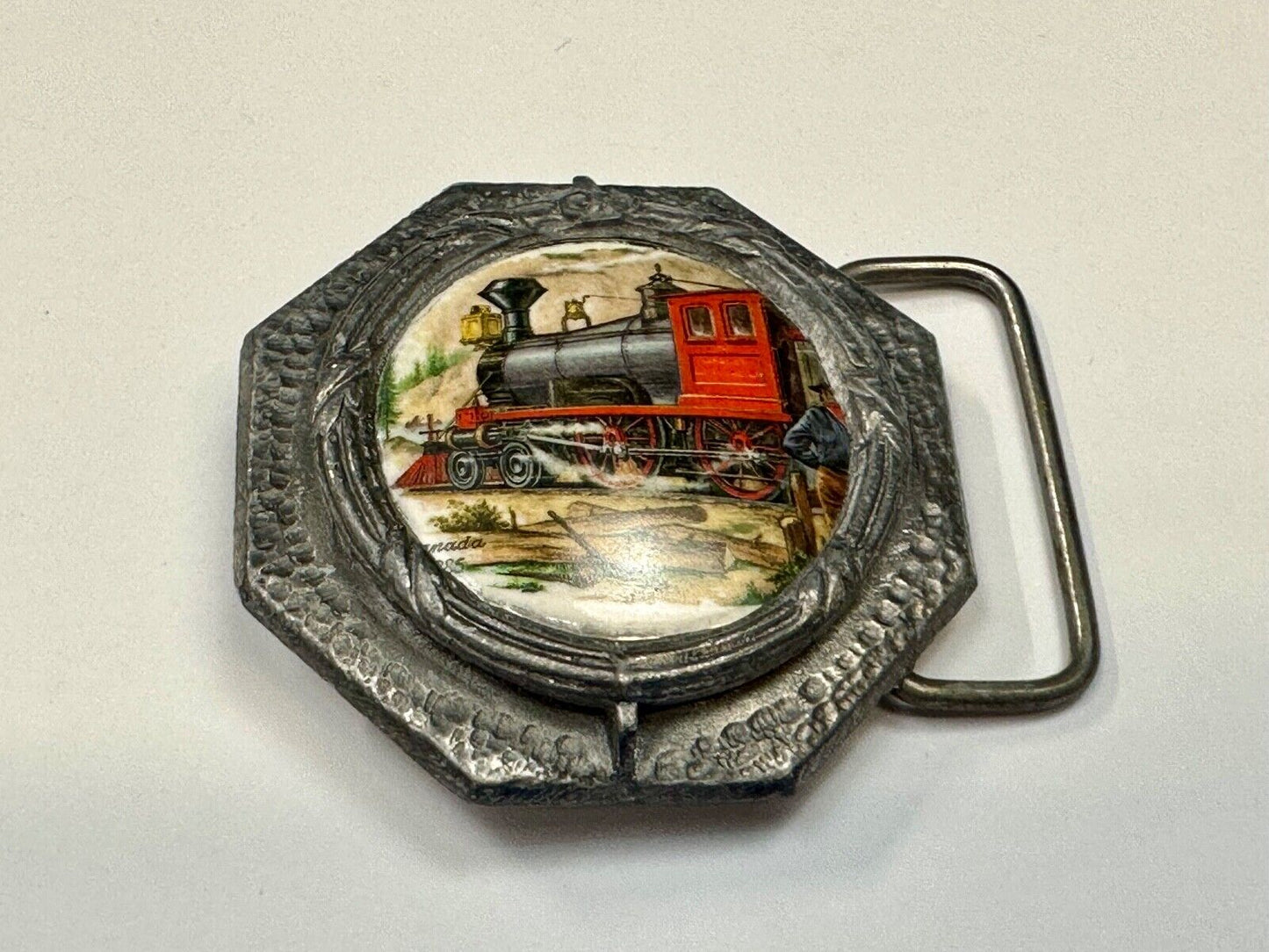 Train Steam Engine Art Picture on ceramic and pewter Vintage Belt Buckle