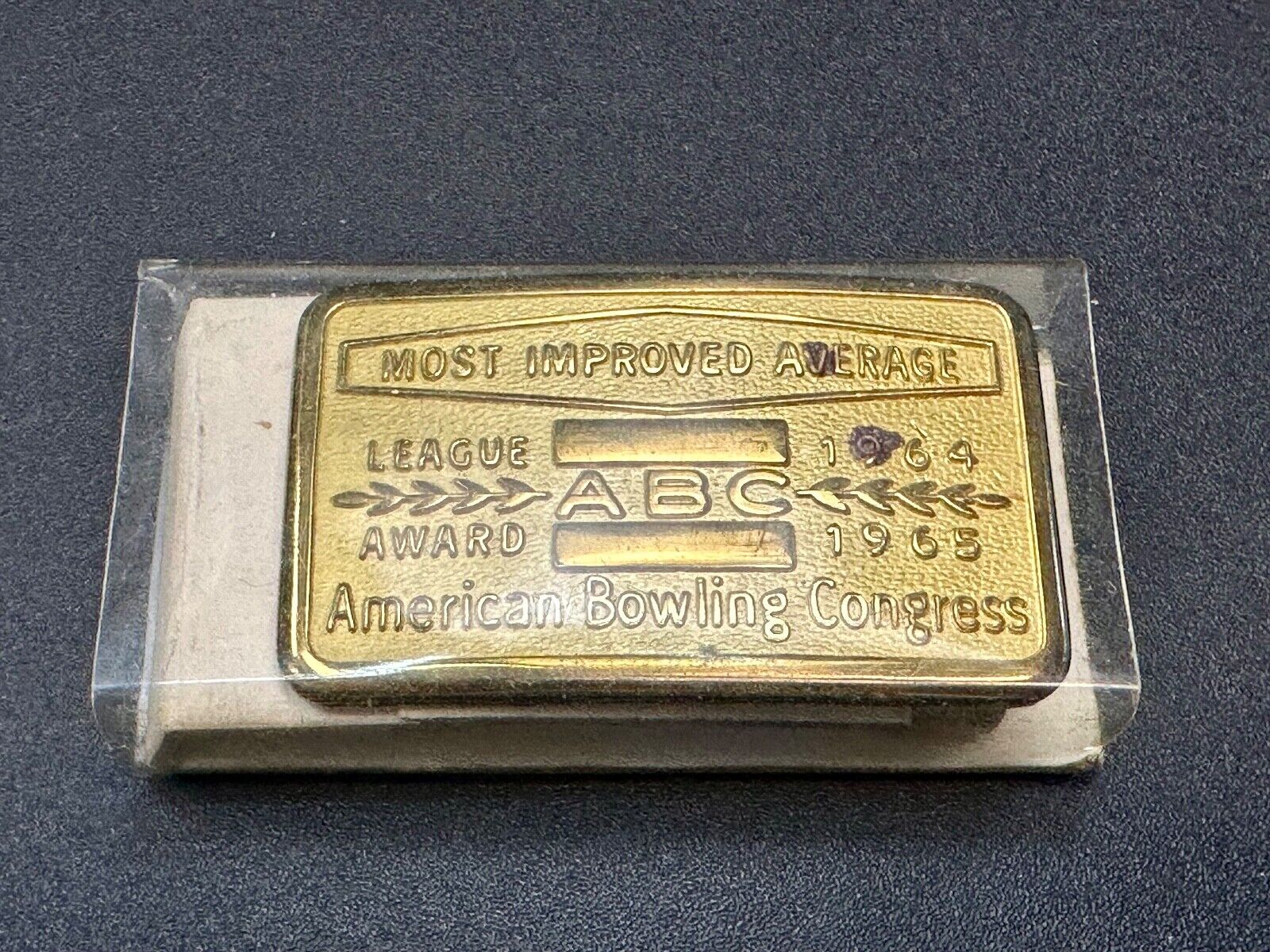 ABC Bowling League Award NOT engraved most improved trophy  1964 belt buckle