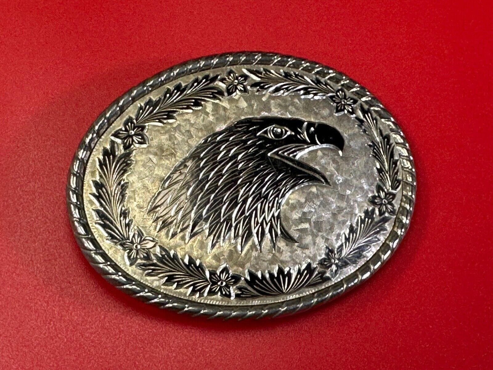 American Bald Eagle Bust profile, silver tone Etched belt buckle W Makers Mark
