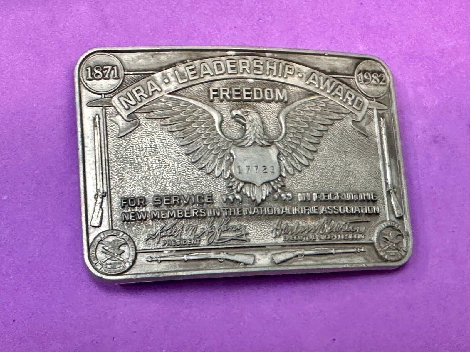 1871-1983 NRA Leadership Award Freedom Numbered Engraved Belt Buckle