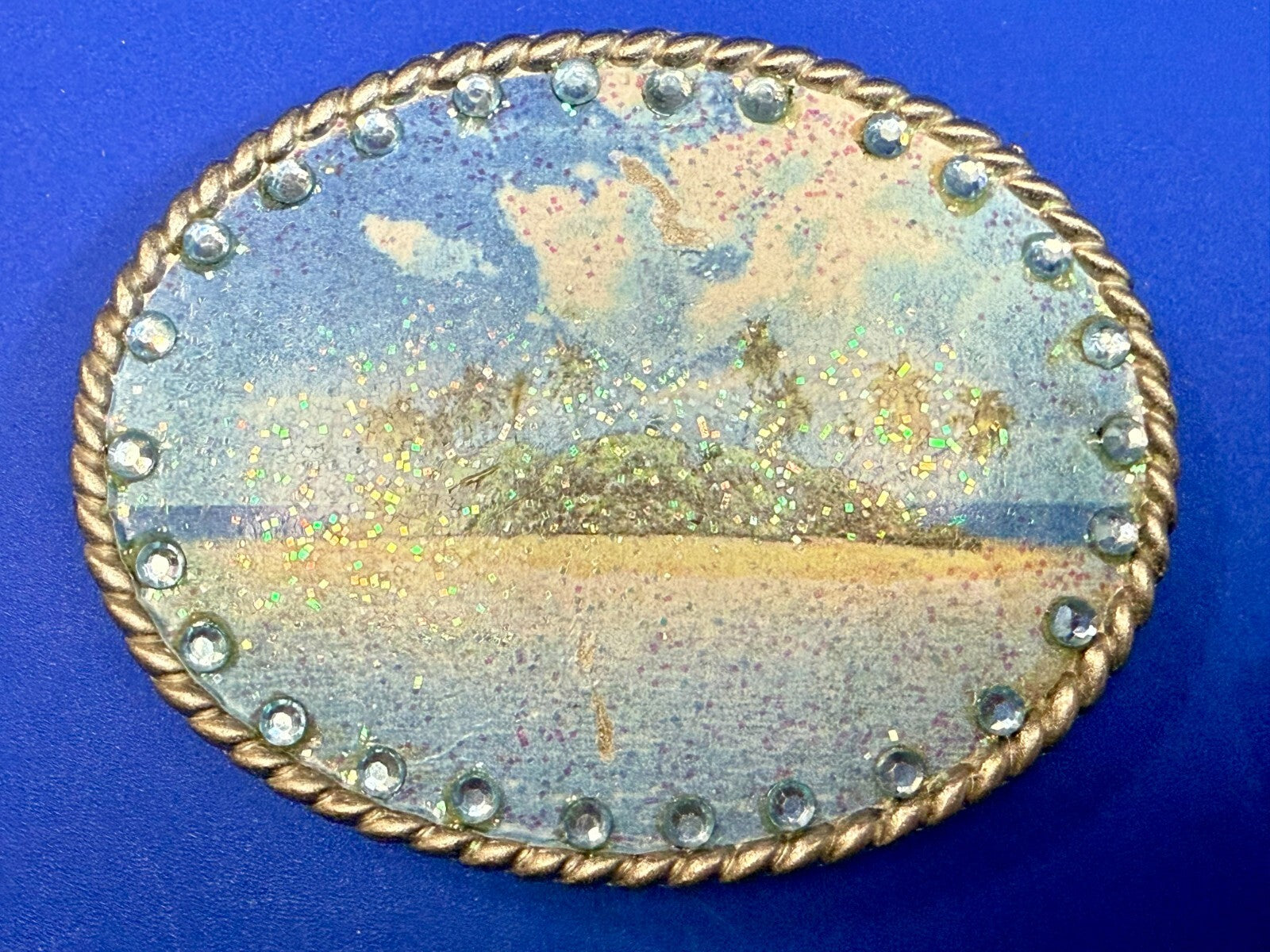 Tropical Island Paradise Picture Vintage Rhinestone Border Oval Belt Buckle