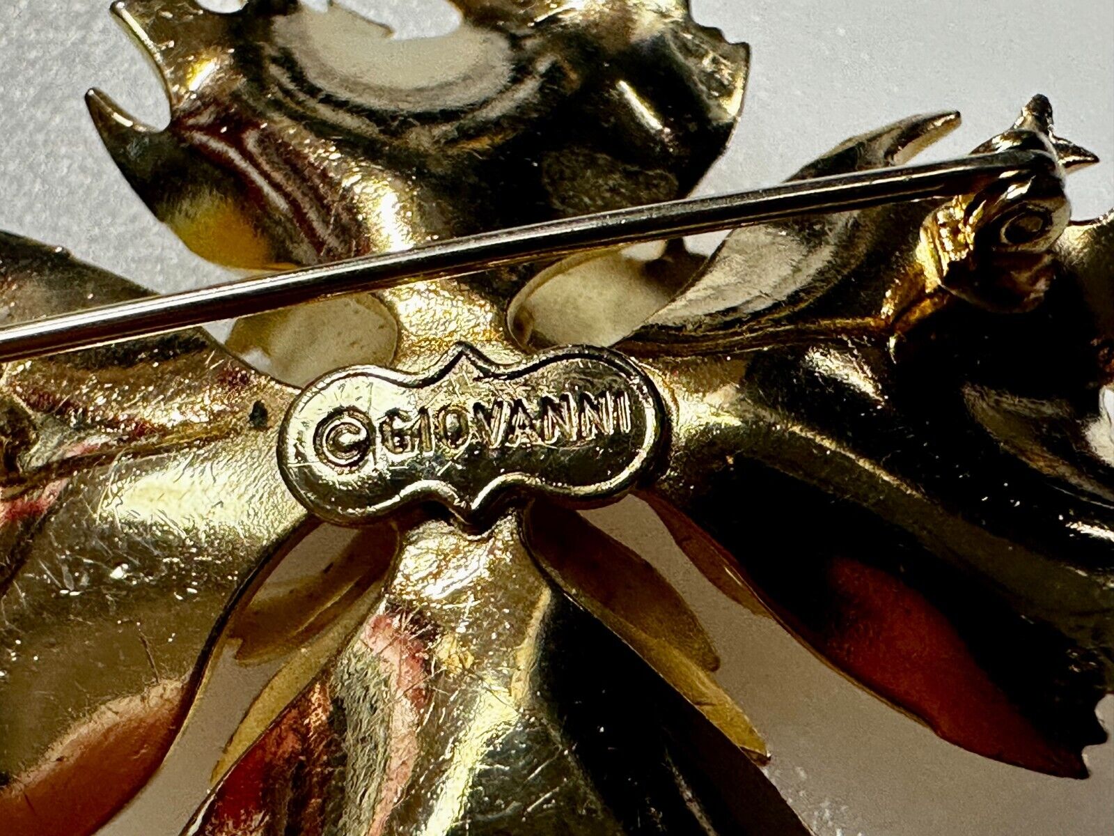 Beautiful Carnation Flower Cutout Gold Tone Brooch Pin Signed by Giovanni