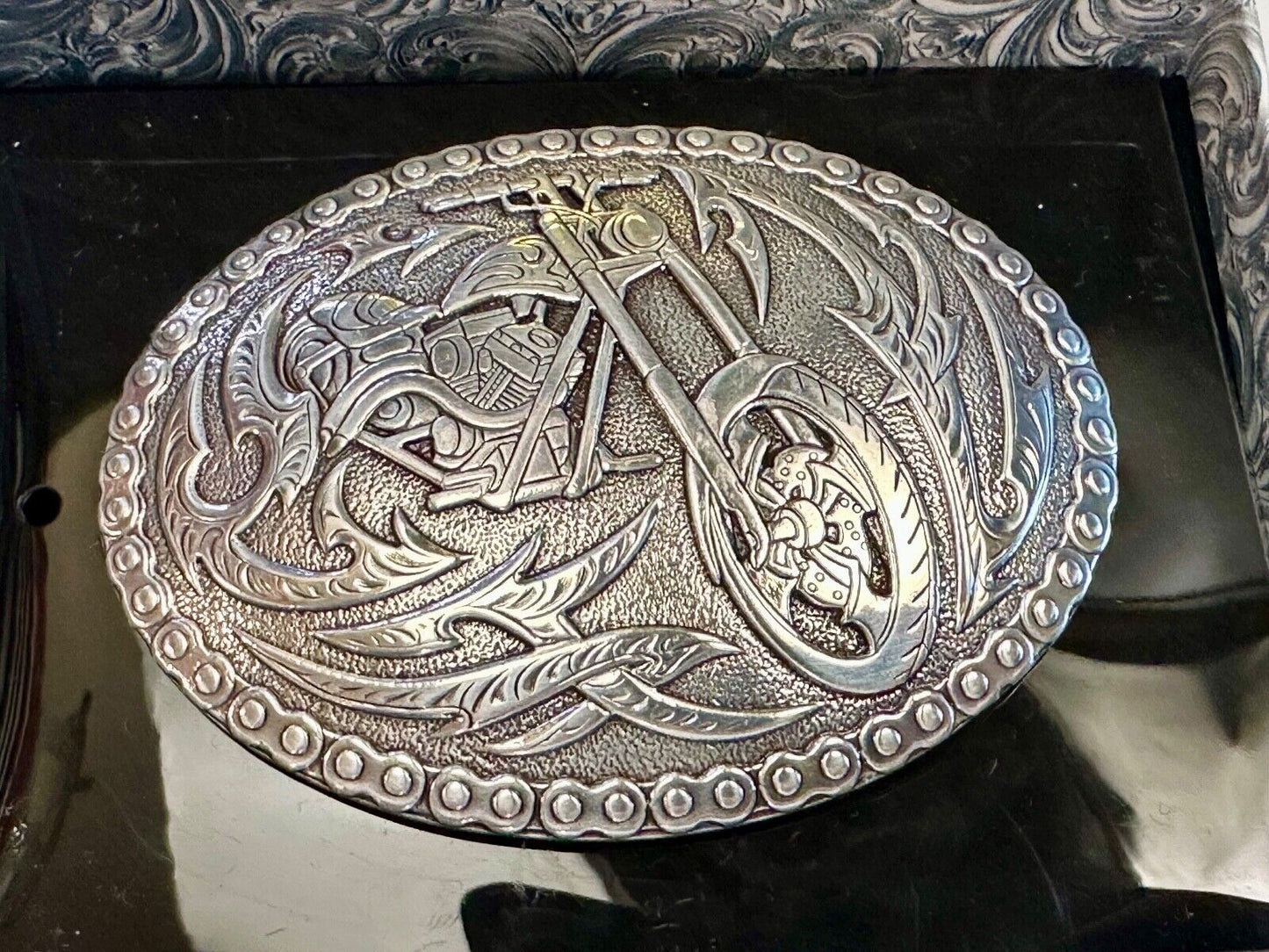Biker Motorcycle Chopper Designed silver tone oval Crumrine Belt Buckle in box