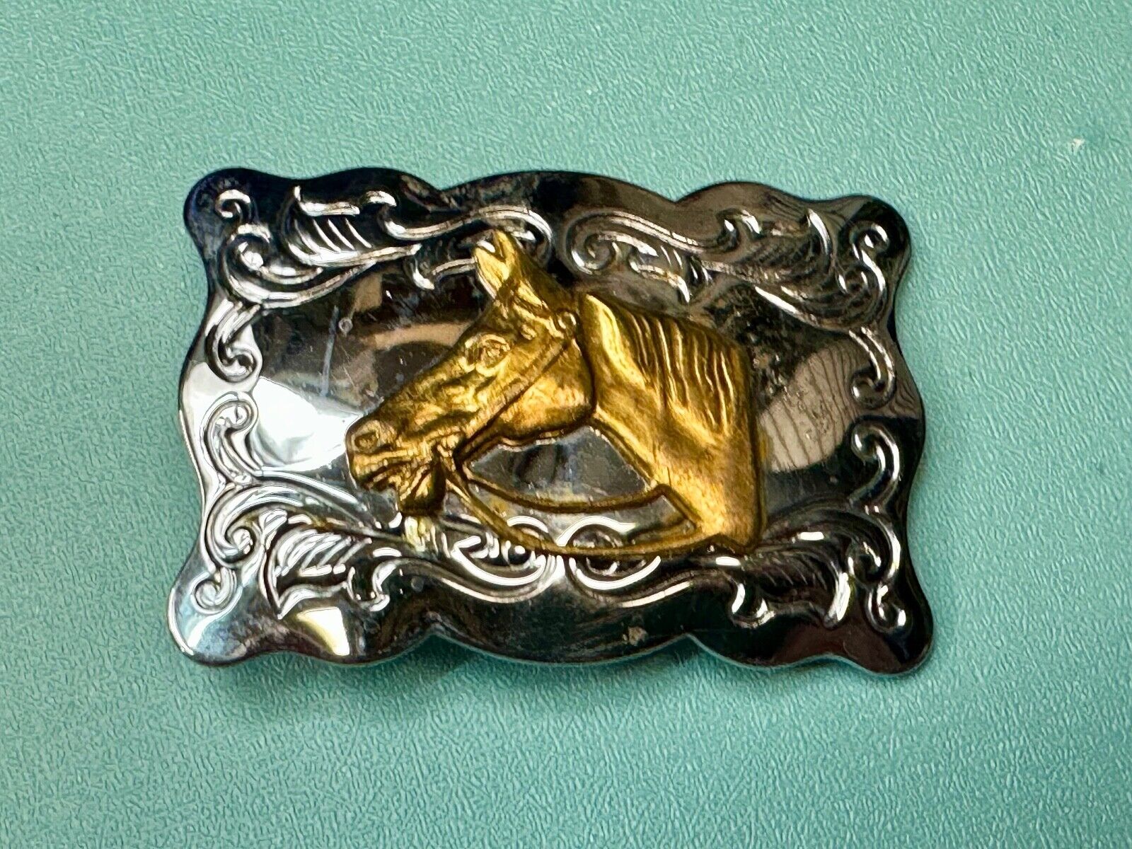 Vintage Chambers Horse head - two tone stamped rectangular belt buckle