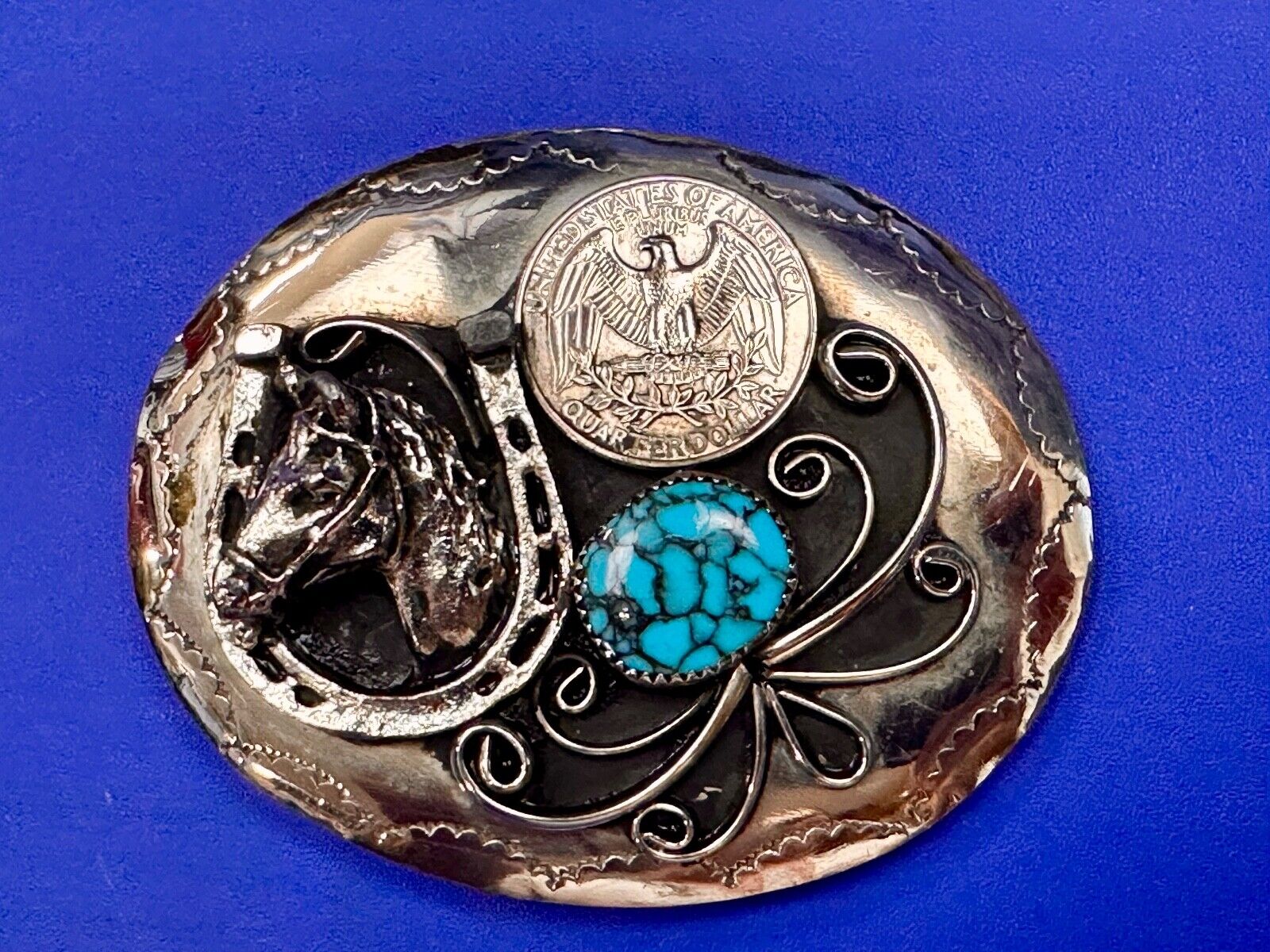 Turquoise Stone Horse Head & Shoe, Quarter Coin Southwestern belt buckle
