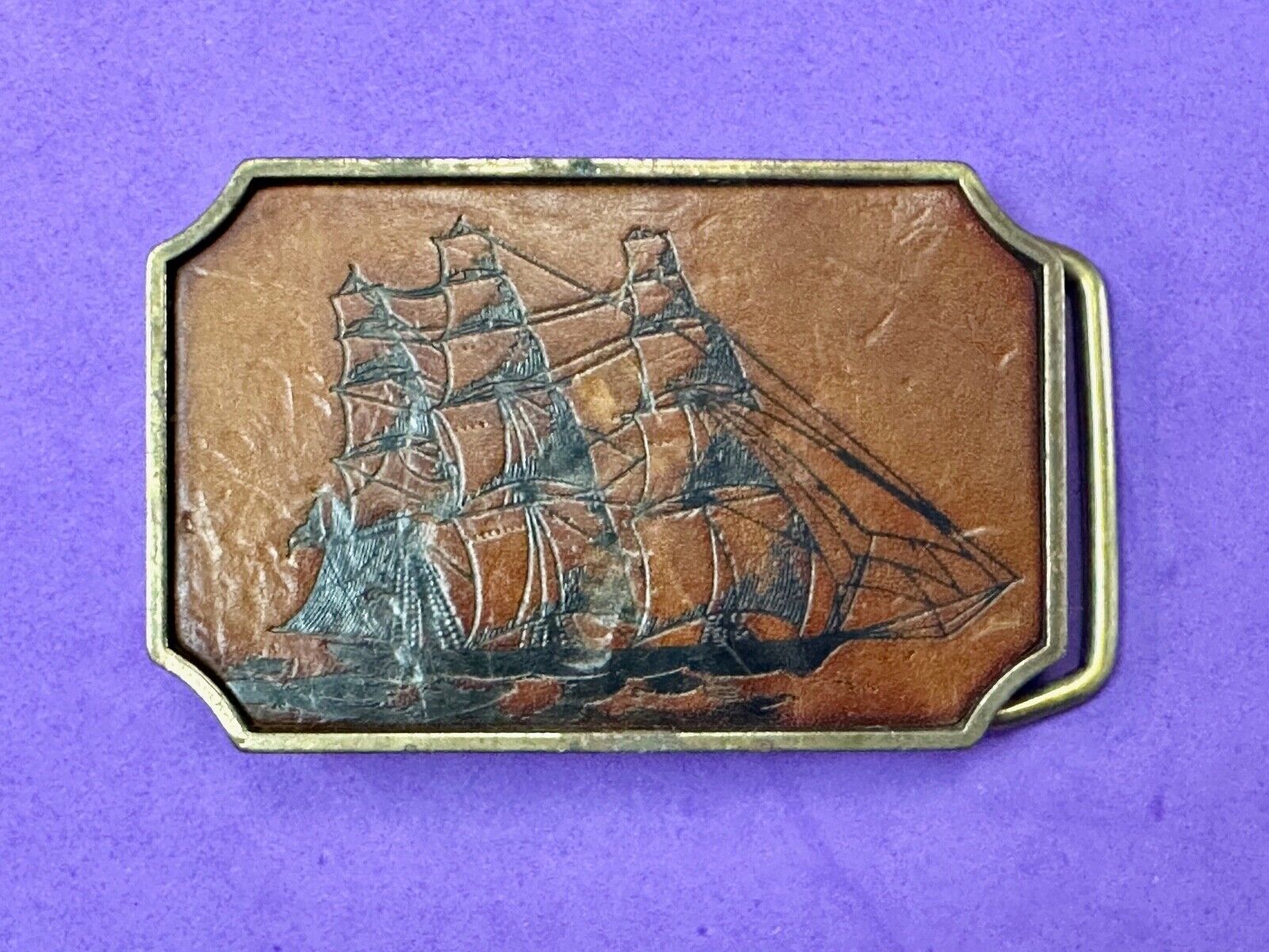 Three mast Sail Boat Ship Nautical theme leather and solid brass BTS belt buckle