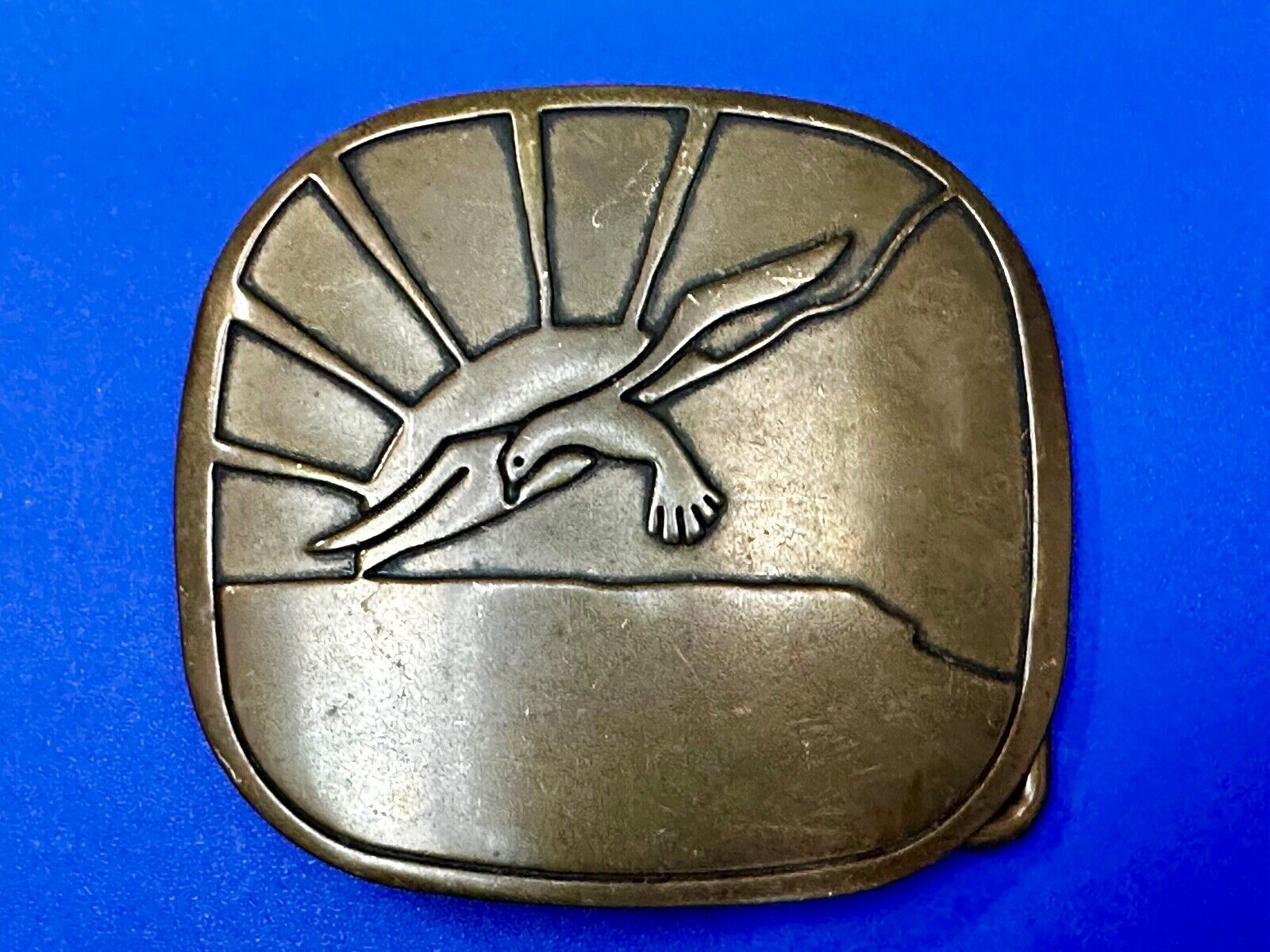 Abstract Eagle Over Sunset / Turtle Swimming Solid Brass Hippy Style Belt Buckle