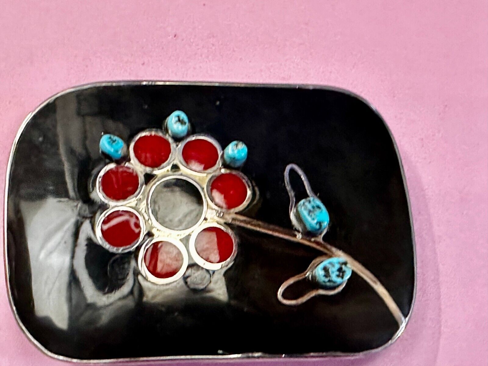 Turquoise Stone Floral Theme Native American Indian Artisan Silver Belt Buckle