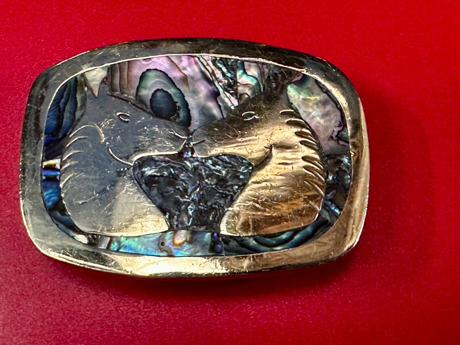 Two Horses Vintage Inlaid Alabone Shell Small Mexico Stamped Belt Buckle